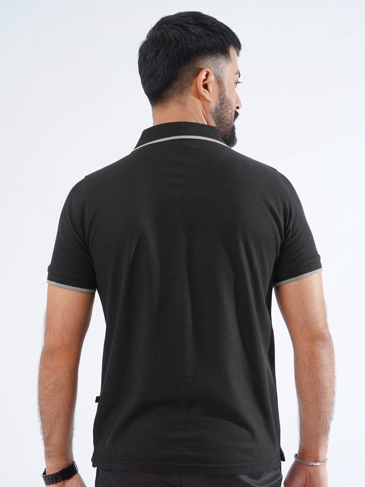 Black Plain Contrast Tipping Half Sleeves Polo T-Shirt (POLO-848)