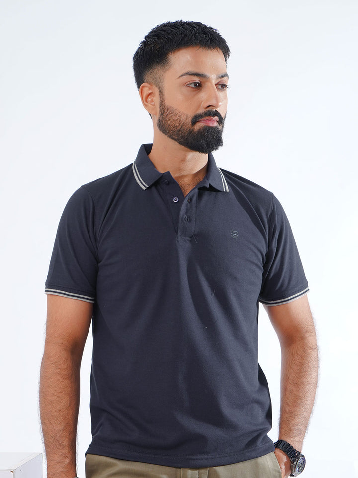 Navy Blue Plain Contrast Tipping Half Sleeves Polo T-Shirt (POLO-851)