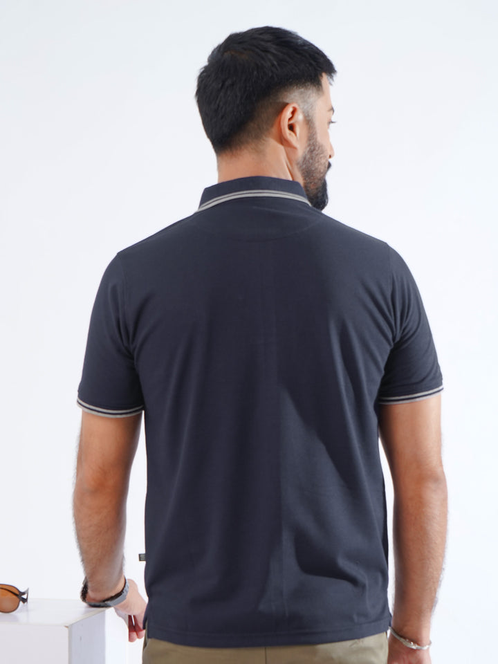 Navy Blue Plain Contrast Tipping Half Sleeves Polo T-Shirt (POLO-851)