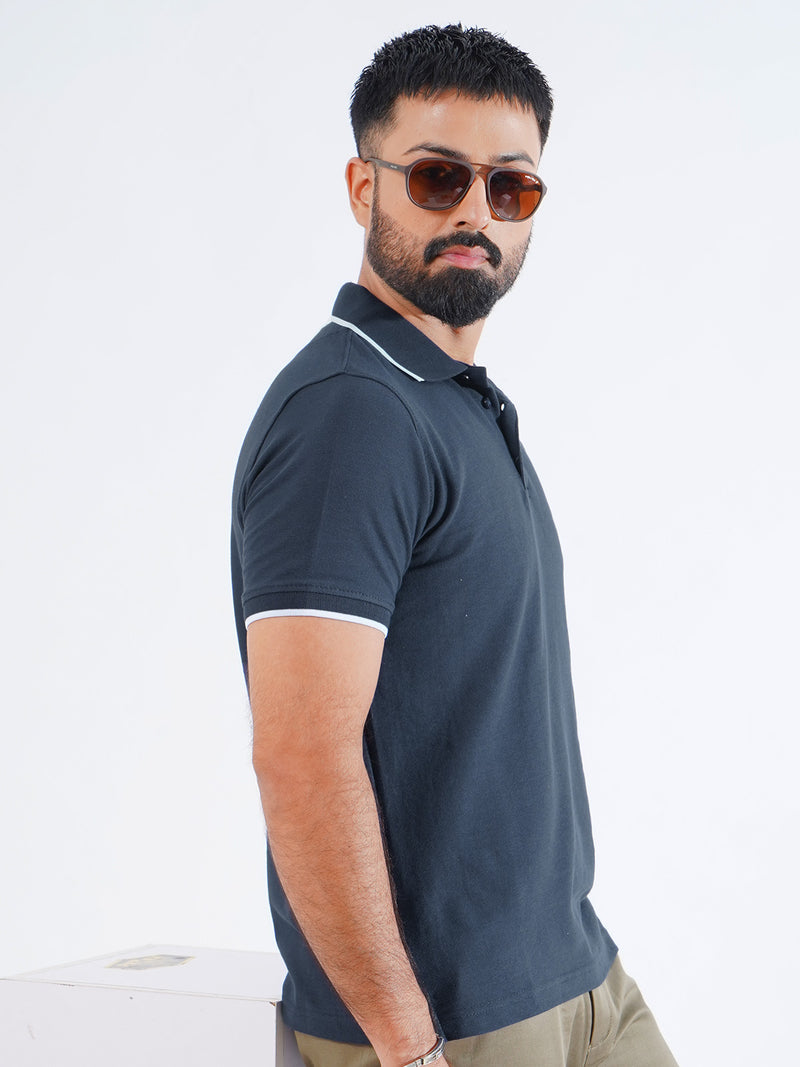 Navy Blue Plain Contrast Tipping Half Sleeves Polo T-Shirt (POLO-850)