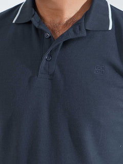 Navy Blue Plain Contrast Tipping Half Sleeves Polo T-Shirt (POLO-850)