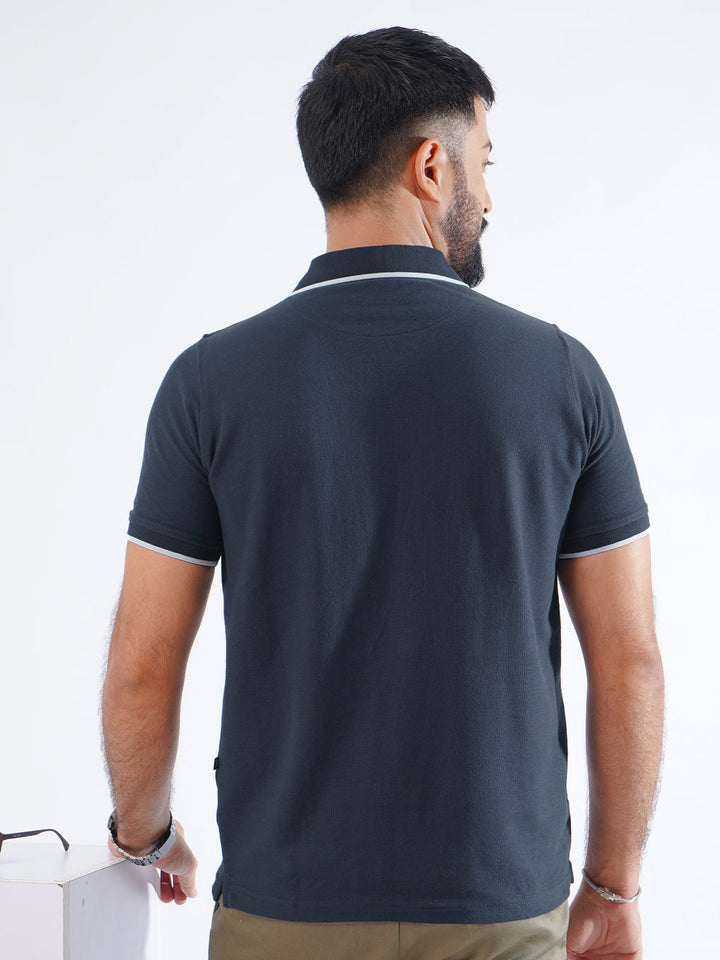 Navy Blue Plain Contrast Tipping Half Sleeves Polo T-Shirt (POLO-850)