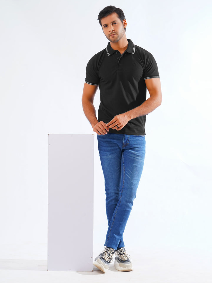 Black Plain Contrast Tipping Half Sleeves Polo T-Shirt (POLO-852)