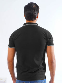 Black Plain Contrast Tipping Half Sleeves Polo T-Shirt (POLO-852)