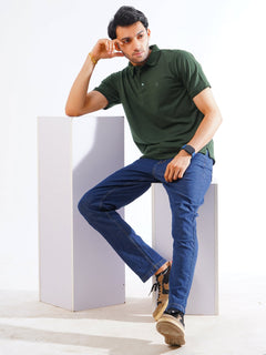 Green Plain Contrast Tipping Half Sleeves Polo T-Shirt (POLO-853)