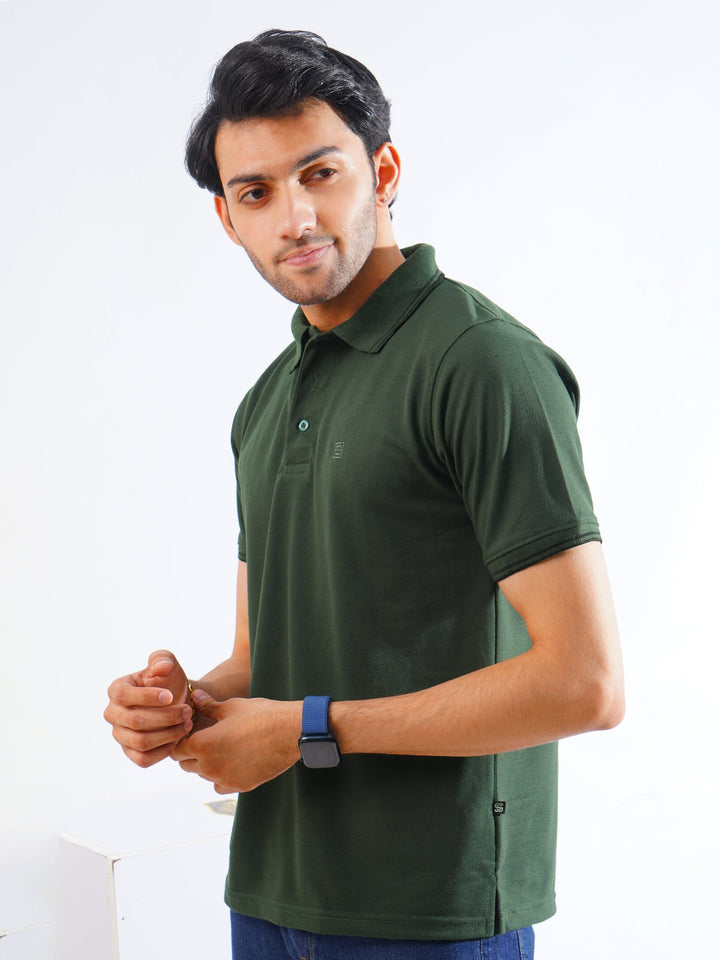 Green Plain Contrast Tipping Half Sleeves Polo T-Shirt (POLO-853)