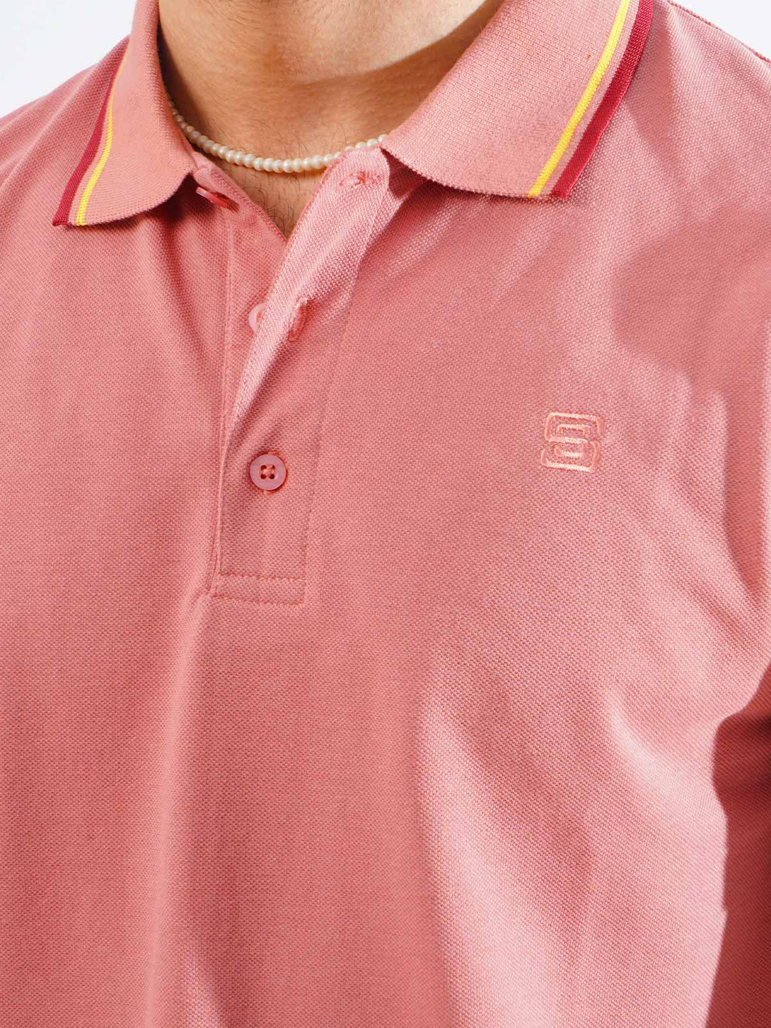 Tea Pink Plain Contrast Tipping Half Sleeves Polo T-Shirt (POLO-861)