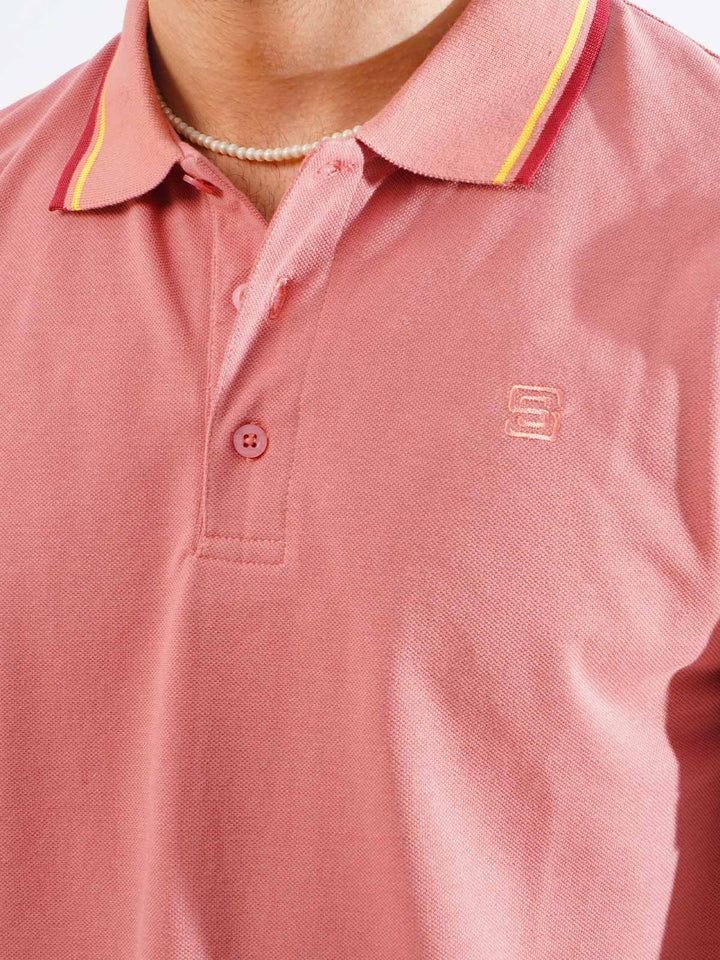 Tea Pink Plain Contrast Tipping Half Sleeves Polo T-Shirt (POLO-861)