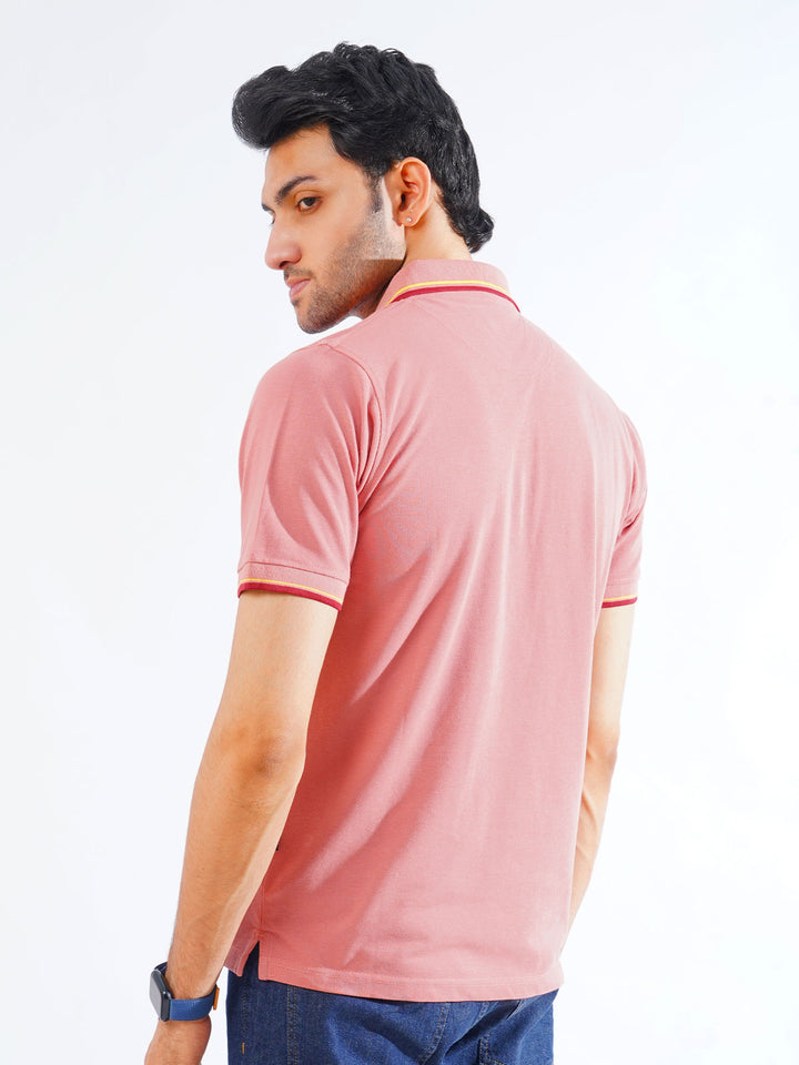 Tea Pink Plain Contrast Tipping Half Sleeves Polo T-Shirt (POLO-861)