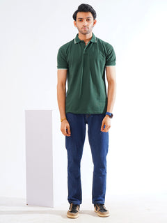 Dark Green Plain Contrast Tipping Half Sleeves Polo T-Shirt (POLO-865)