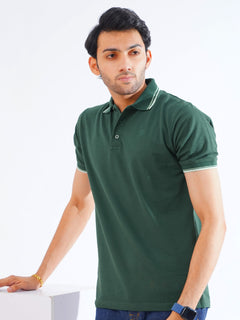 Dark Green Plain Contrast Tipping Half Sleeves Polo T-Shirt (POLO-865)