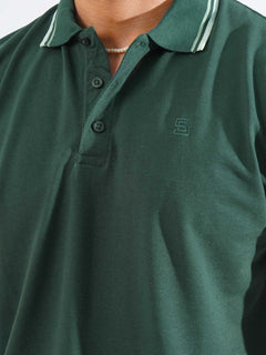 Dark Green Plain Contrast Tipping Half Sleeves Polo T-Shirt (POLO-865)