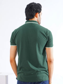 Dark Green Plain Contrast Tipping Half Sleeves Polo T-Shirt (POLO-865)