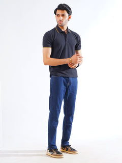 Navy Blue Plain Contrast Tipping Half Sleeves Polo T-Shirt (POLO-869)