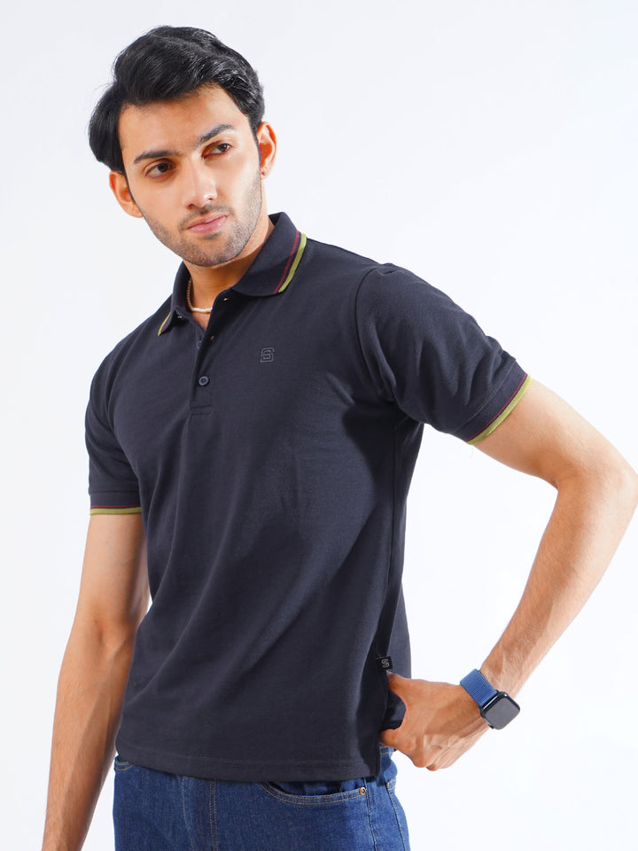 Navy Blue Plain Contrast Tipping Half Sleeves Polo T-Shirt (POLO-811)