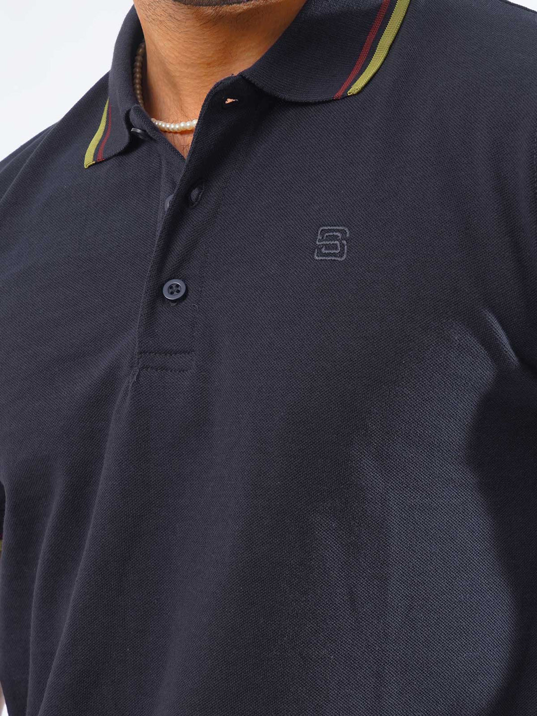 Navy Blue Plain Contrast Tipping Half Sleeves Polo T-Shirt (POLO-869)