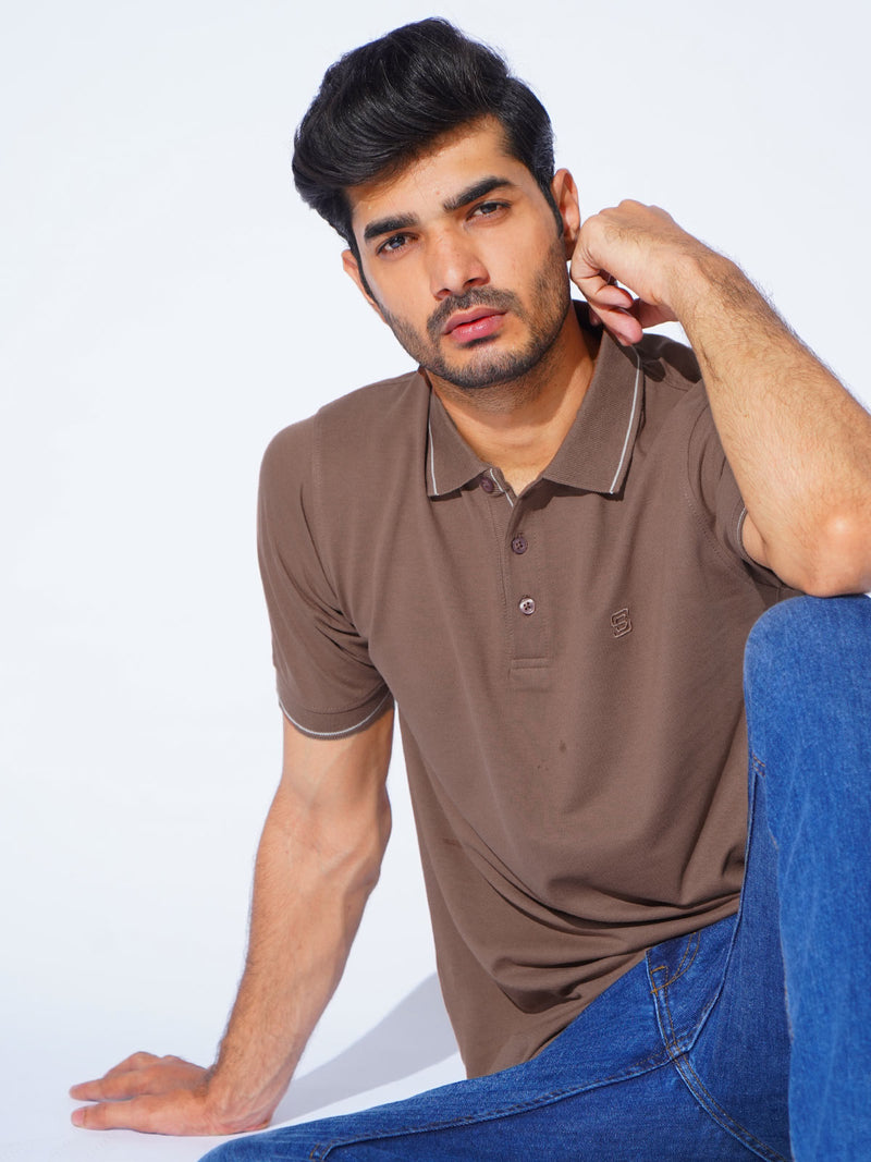 Brown Plain Contrast Tipping Half Sleeves Polo T-Shirt (POLO-871)