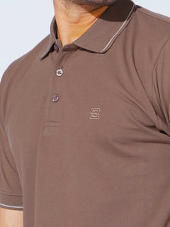 Brown Plain Contrast Tipping Half Sleeves Polo T-Shirt (POLO-871)