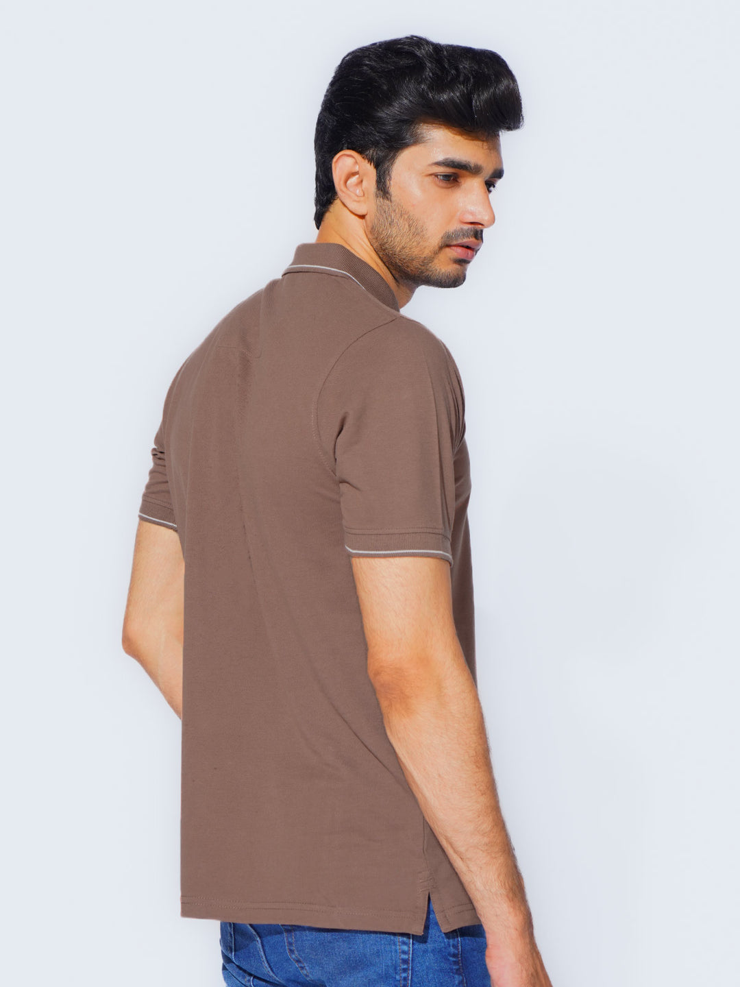 Brown Plain Contrast Tipping Half Sleeves Polo T-Shirt (POLO-871)