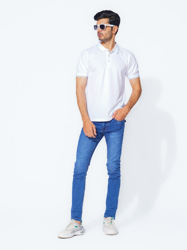 White Plain Contrast Tipping Half Sleeves Polo T-Shirt (POLO-872)