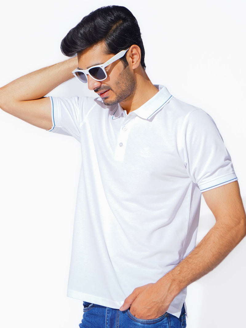 White Plain Contrast Tipping Half Sleeves Polo T-Shirt (POLO-872)