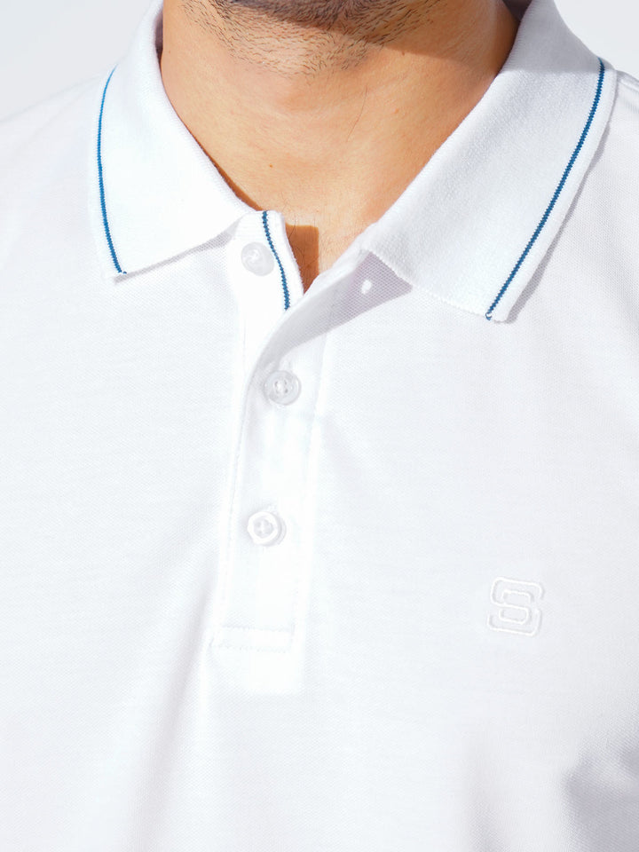 White Plain Contrast Tipping Half Sleeves Polo T-Shirt (POLO-872)