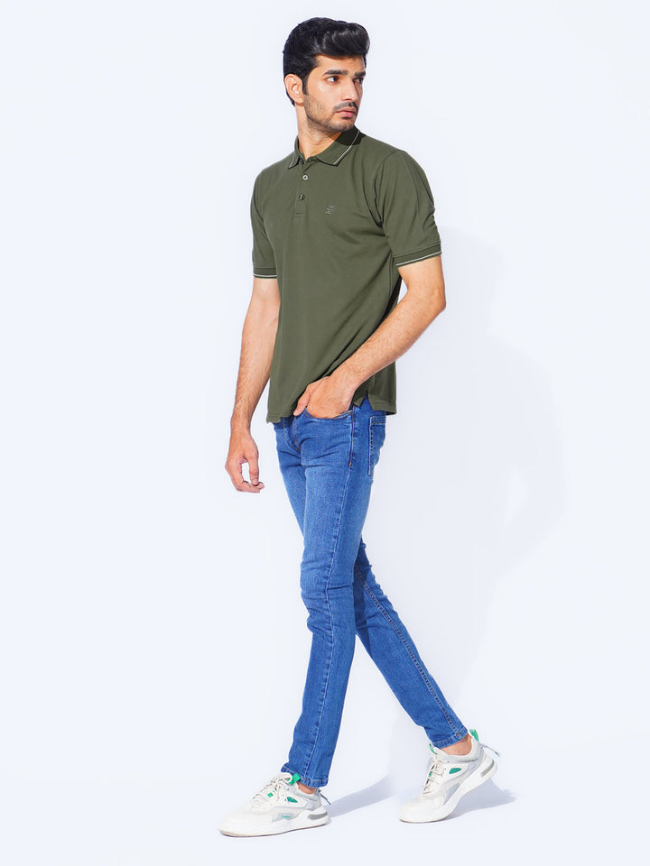 Olive Green Plain Contrast Tipping Half Sleeves Polo T-Shirt (POLO-873)