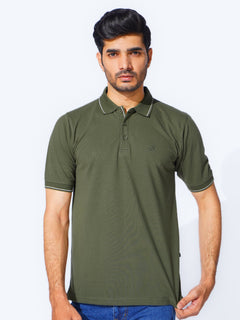 Olive Green Plain Contrast Tipping Half Sleeves Polo T-Shirt (POLO-873)