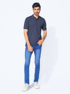 Navy Blue Plain Contrast Tipping Half Sleeves Polo T-Shirt (POLO-874)