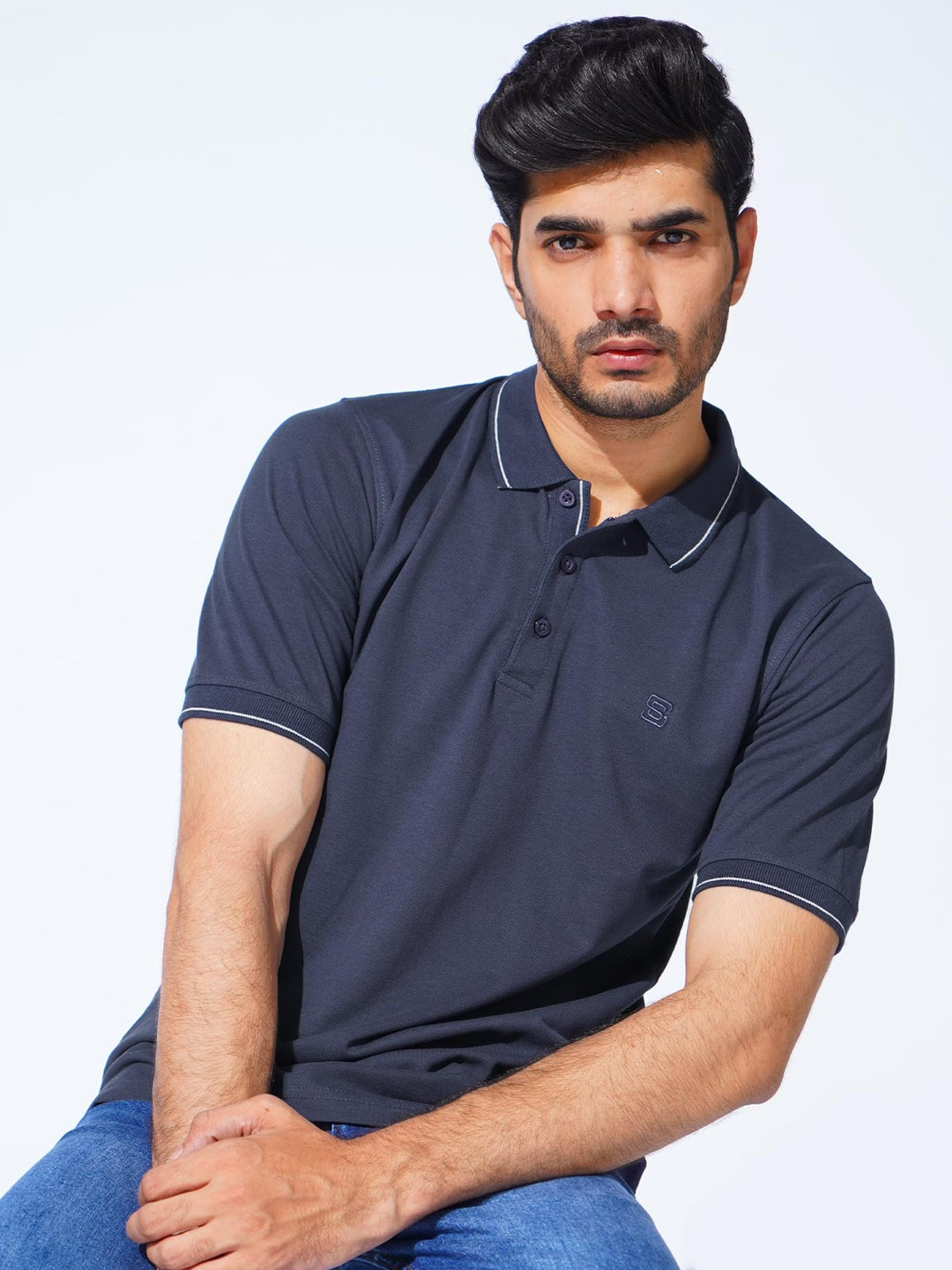 Navy Blue Plain Contrast Tipping Half Sleeves Polo T-Shirt (POLO-874)