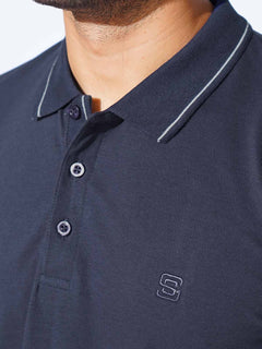 Navy Blue Plain Contrast Tipping Half Sleeves Polo T-Shirt (POLO-874)