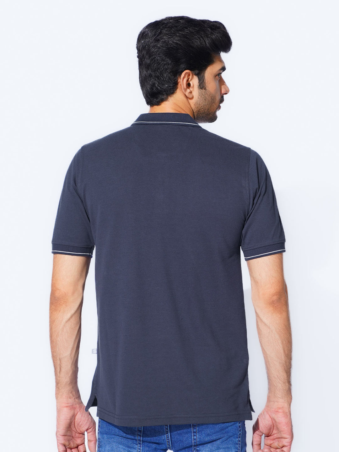 Navy Blue Plain Contrast Tipping Half Sleeves Polo T-Shirt (POLO-874)