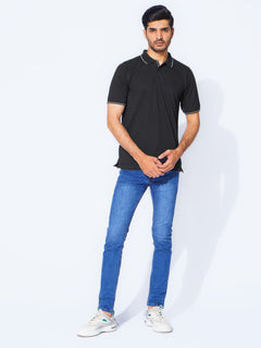 Black Plain Contrast Tipping Half Sleeves Polo T-Shirt (POLO-875)