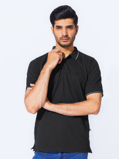 Black Plain Contrast Tipping Half Sleeves Polo T-Shirt (POLO-875)