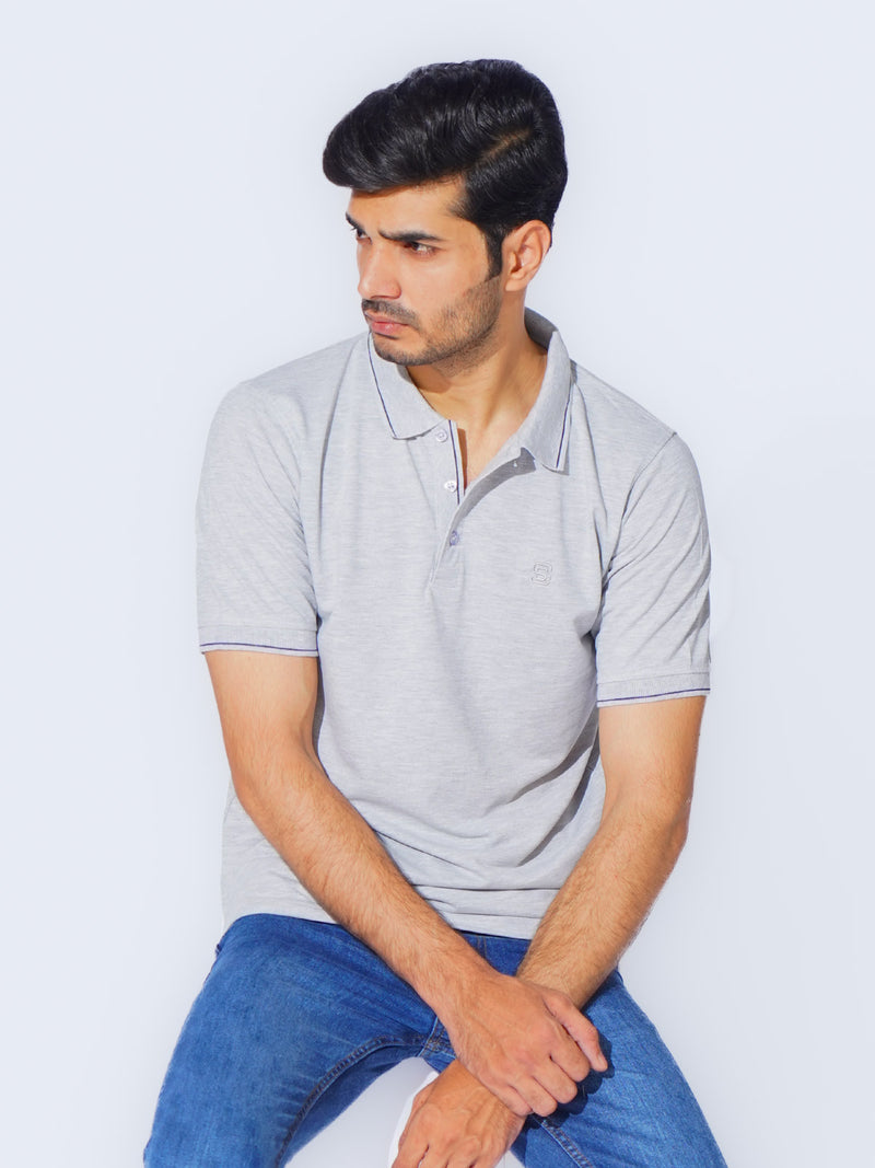 Heather Grey Plain Contrast Tipping Half Sleeves Polo T-Shirt (POLO-876)