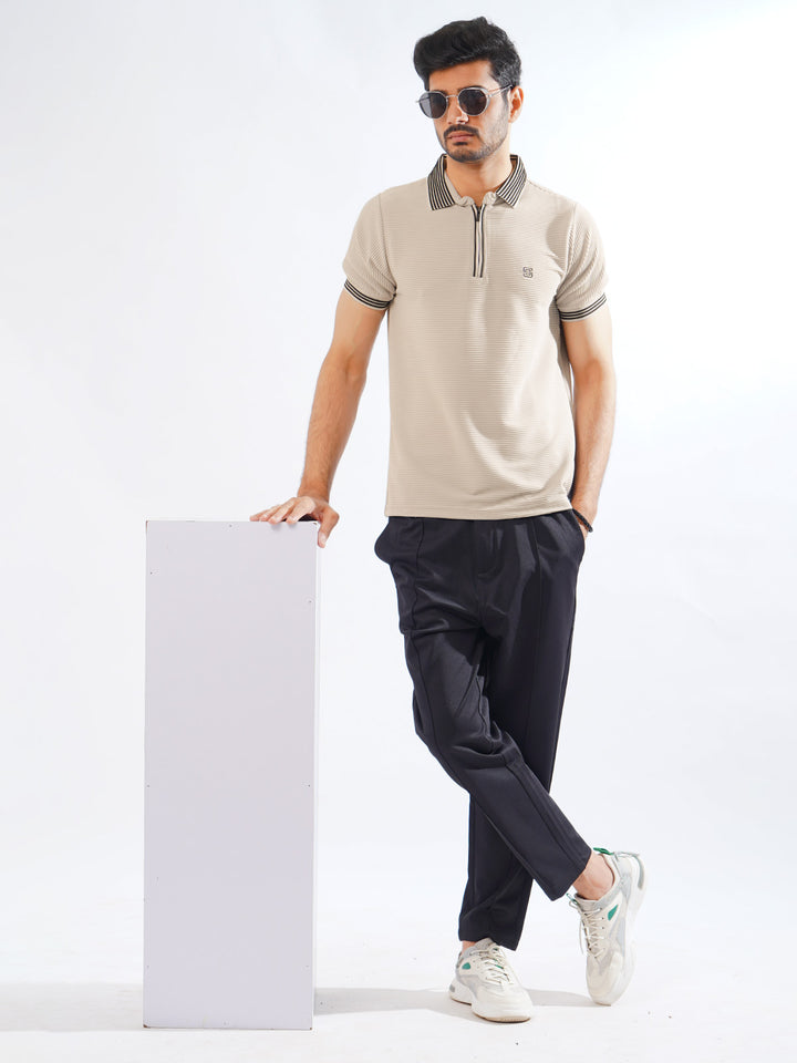 Light Brown Contrast Collar Half Sleeves Premium Zipper Striped Polo T-Shirt (POLO-891)