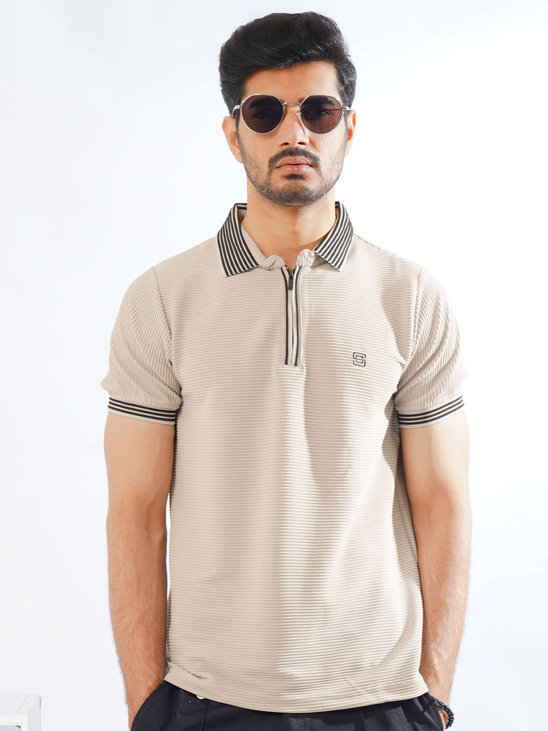 Light Brown Contrast Collar Half Sleeves Premium Zipper Striped Polo T-Shirt (POLO-891)