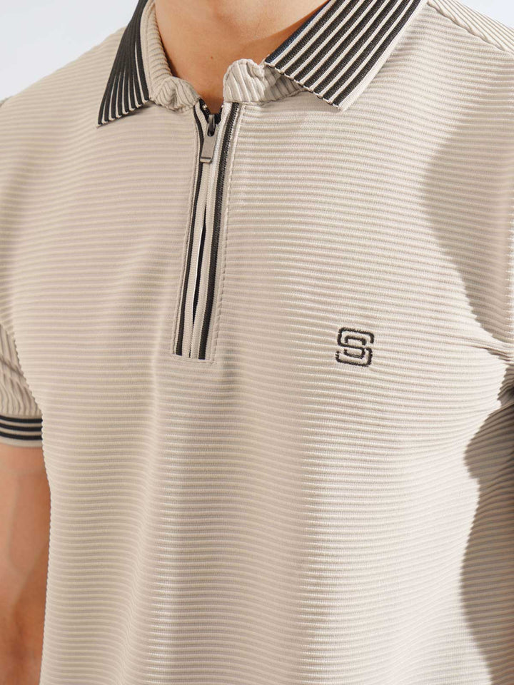 Light Brown Contrast Collar Half Sleeves Premium Zipper Striped Polo T-Shirt (POLO-891)