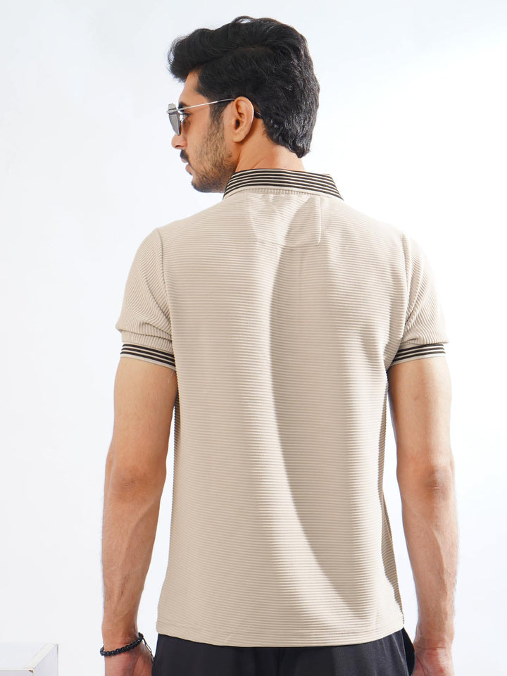 Light Brown Contrast Collar Half Sleeves Premium Zipper Striped Polo T-Shirt (POLO-891)