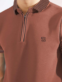 Rust Contrast Collar Half Sleeves Premium Zipper Striped Polo T-Shirt (POLO-892)