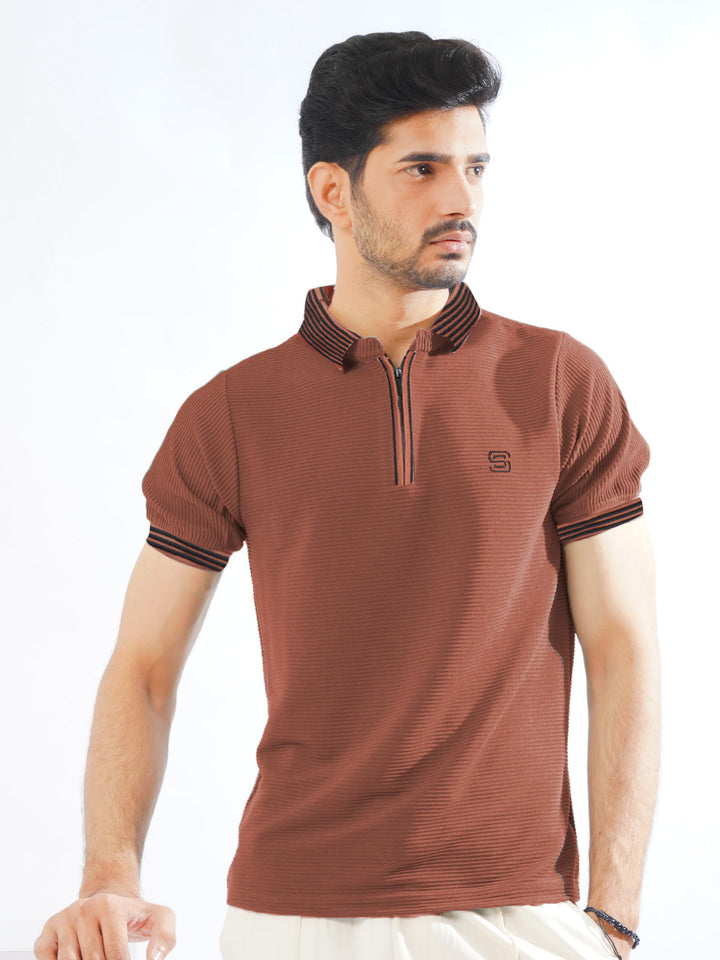 Rust Contrast Collar Half Sleeves Premium Zipper Striped Polo T-Shirt (POLO-892)