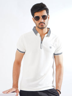 White Contrast Collar Half Sleeves Premium Zipper Striped Polo T-Shirt (POLO-894)