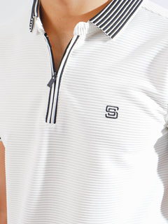 White Contrast Collar Half Sleeves Premium Zipper Striped Polo T-Shirt (POLO-894)