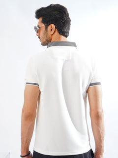 White Contrast Collar Half Sleeves Premium Zipper Striped Polo T-Shirt (POLO-894)