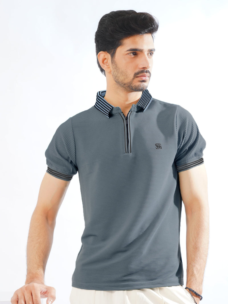 Mid Grey Contrast Collar Half Sleeves Premium Zipper Striped Polo T-Shirt (POLO-895)