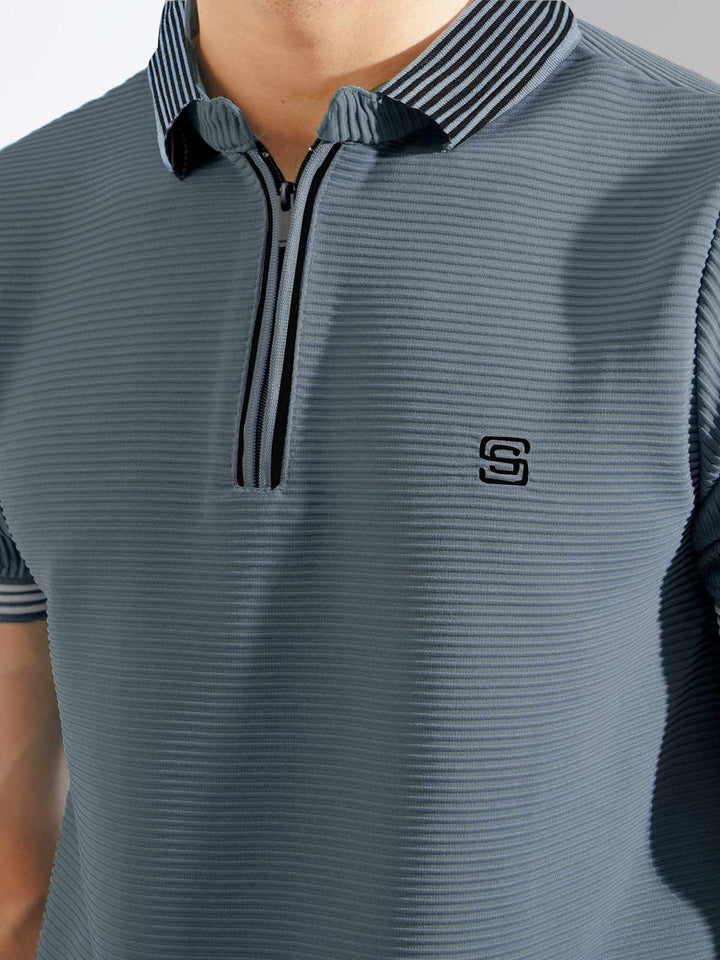 Mid Grey Contrast Collar Half Sleeves Premium Zipper Striped Polo T-Shirt (POLO-895)