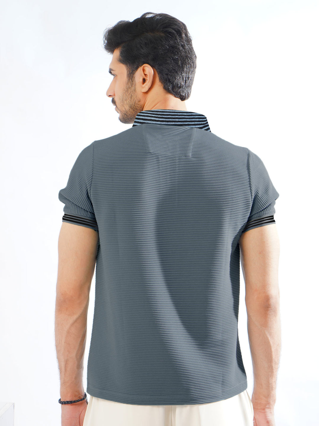 Mid Grey Contrast Collar Half Sleeves Premium Zipper Striped Polo T-Shirt (POLO-895)