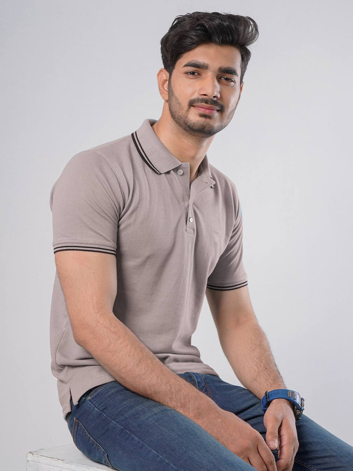 Light Brown Plain Contrast Tipping Half Sleeves Polo T-Shirt (POLO-896)