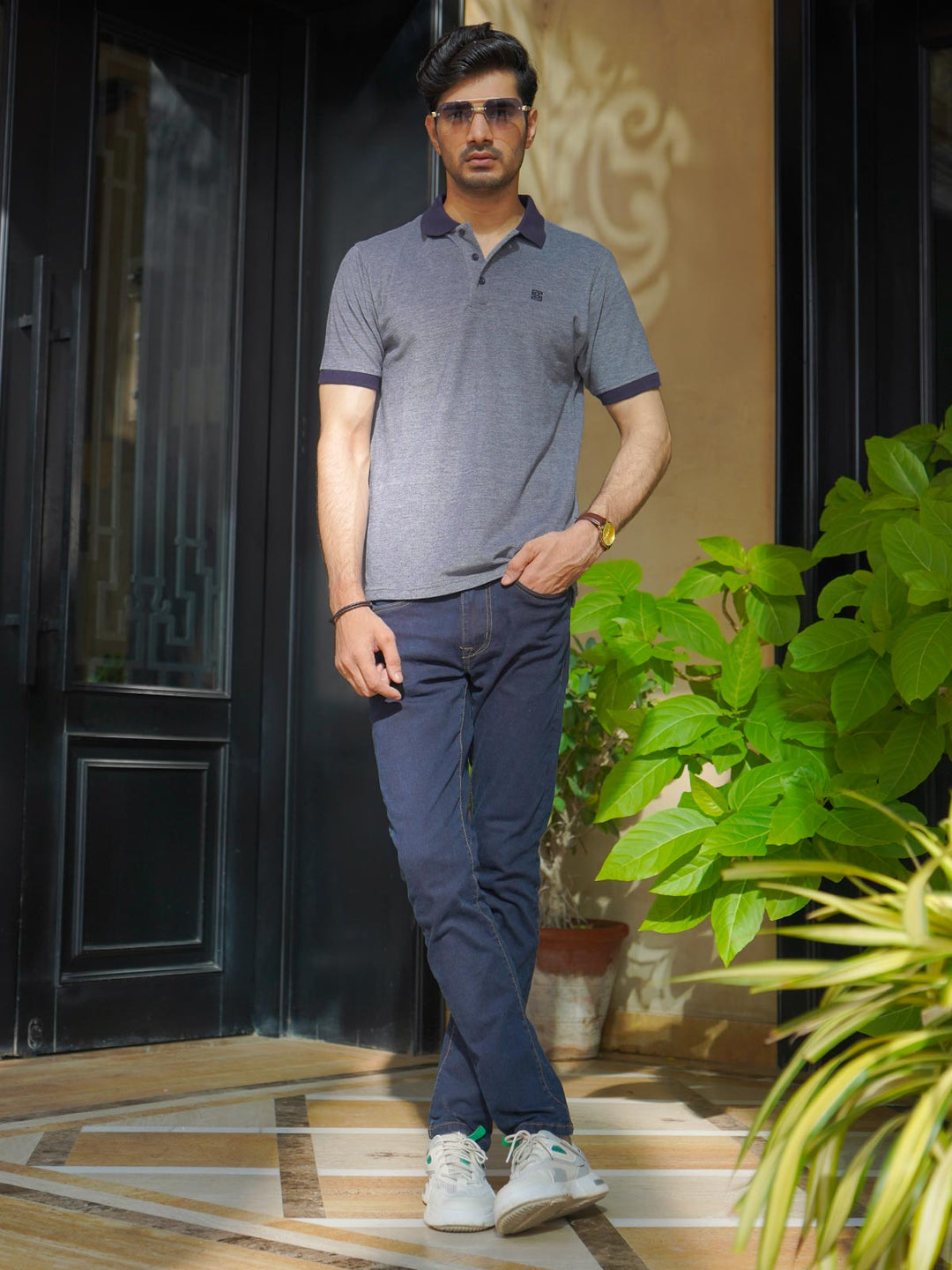 Navy Blue Contrast Bird Eye Half Sleeves Polo T-Shirt (POLO-904)