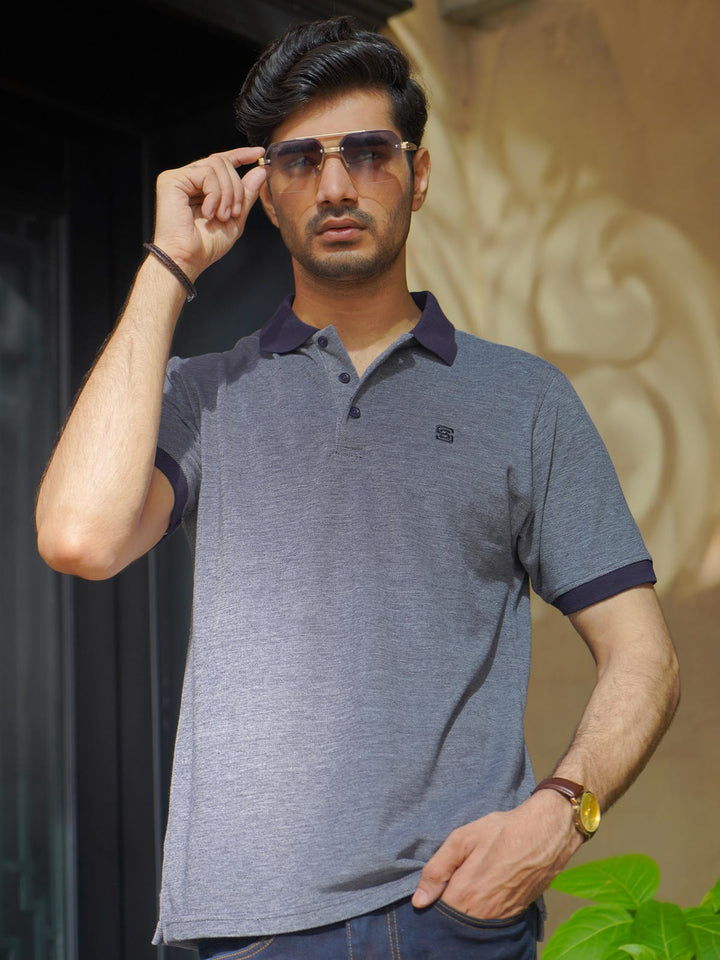 Navy Blue Contrast Bird Eye Half Sleeves Polo T-Shirt (POLO-904)